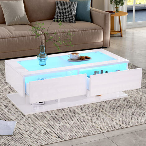 REDOM Mesa de centro 100x50x35 cm 2 cajones, tira LED controlable, tablero de vidrio templado, tablero de partículas, blanco brillante