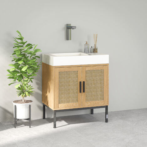 REDOM Meuble sous lavabo 60x39x60cm Grand rangement bois style boho éléments rotin pieds métalliques noirs Couleur naturelle