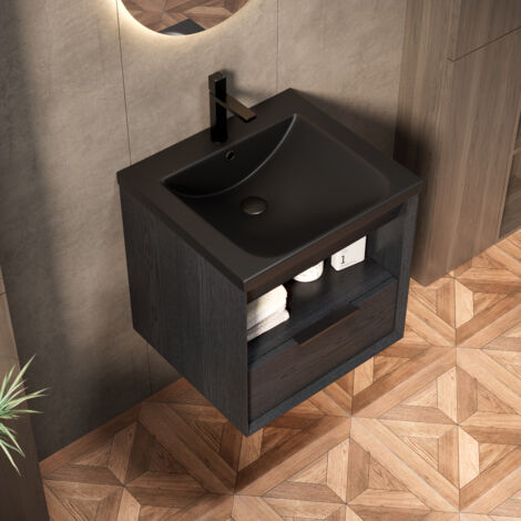 REDOM Meuble sous vasque simple avec vasque encastrée en céramique étagères et tiroirs finition grain de bois noir