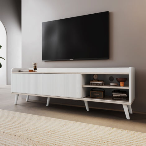 REDOM Meuble TV 160x40x58 cm ptes coulissantes rayées deux tiroirs panneau de particules pieds en bois blanc