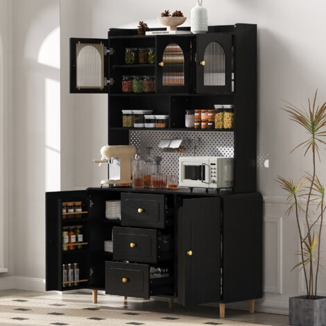 REDOM Mobile cucina alto 120x40x190 cm, credenza con 3 cassetti e 5 ante, struttura in MDF, nero, per cucina e soggiorno