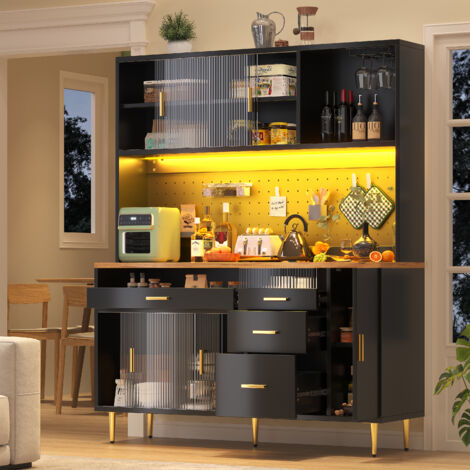 REDOM Mobile cucina alto 145x39x171 cm, credenza con 3 cassetti, luce LED e ante a vetro, in MDF, nero, per casa