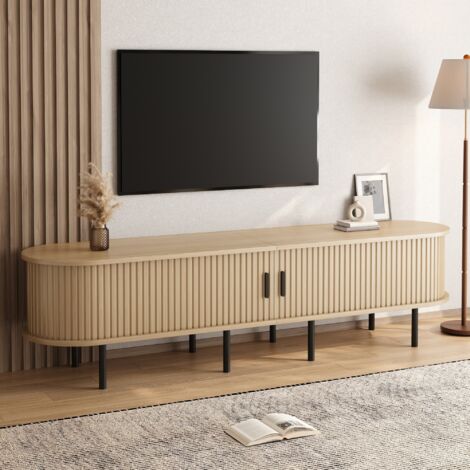 REDOM Mueble TV 170x40x46 cm, forma elíptica, puertas correderas acanaladas, 2 huecos abiertos, MDF, natural
