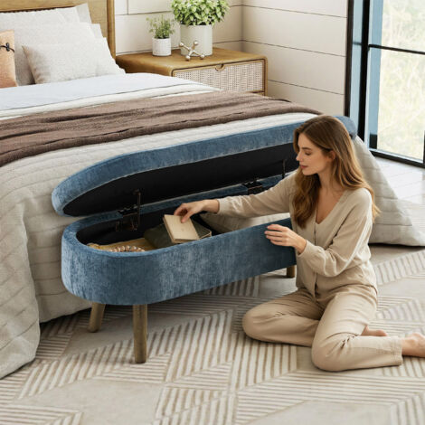 REDOM Panca contenitore 110x40x42 cm, vano 20 L, coperchio idraulico, forma ovale, cheniglia blu