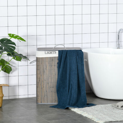 REDOM Panier à linge 52x32x63cm 100 L deux compartiments housse amovible lavable bambou gris
