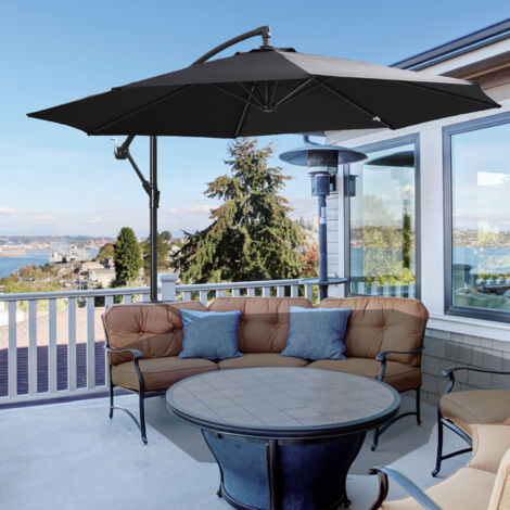 REDOM Parasol déporté avec manivelle, toile en polyester noir, pied croisé, 8 baleines, pour jardin et terrasse