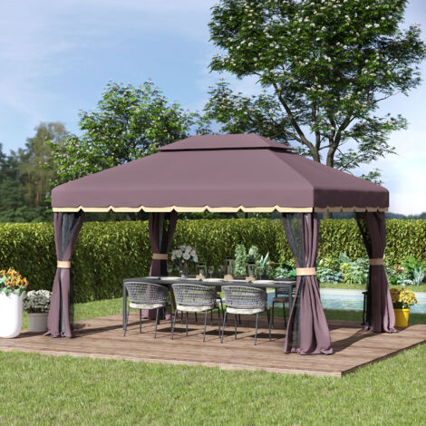 REDOM Pavillon de jardin 390x290x195 cm, toit rigide à double niveau, rideaux occultants et moustiquaire, aluminium café
