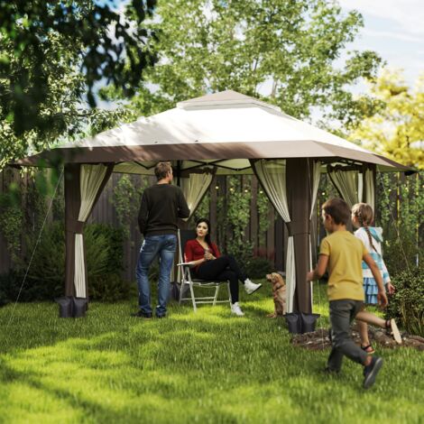 REDOM Pavillon pliant 400x400x281 cm, montage rapide, hauteur réglable, parois en maille amovibles, toit double, métal beige