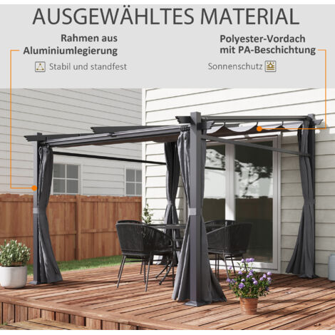 REDOM Pérgola 297x295x195-230 cm, toldo retráctil con sistema de cuerda, estructura de acero gris oscuro