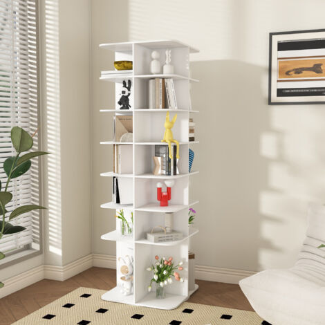 REDOM Rangement à chaussures rotatif 60x60x184 cm, 7 niveaux, gain de place, base haute, PVC blanc