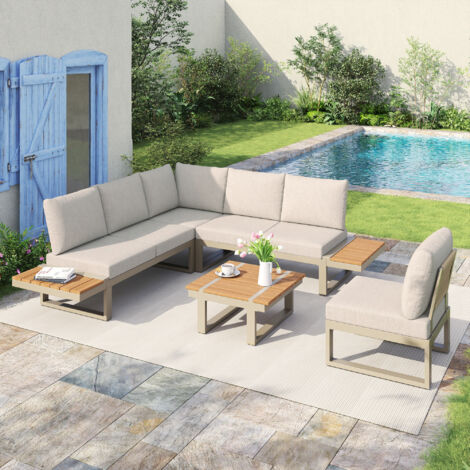 REDOM Salon de jardin d'angle modulable, convertible en 2 lits, avec table basse et étagères, acier galvanisé, beige