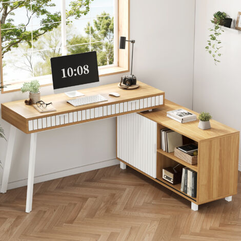 REDOM Scrivania ad angolo 140x120x76.5 cm, 2 cassetti, armadietto spazioso, MDF e metallo, naturale e bianco