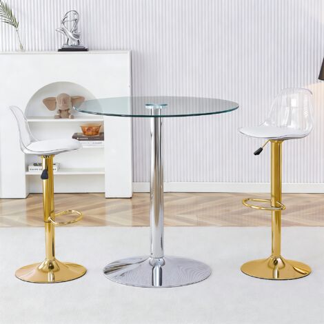 REDOM Set tavolo da pranzo 3 pezzi, tavolo rotondo in vetro 89x89x92cm, 2 sgabelli da bar girevoli e regolabili, argento e oro