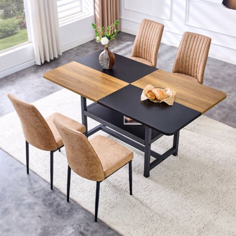 REDOM Set tavolo da pranzo 5 pezzi, tavolo 160x90x76 cm, con ripiano e piano in MDF, 4 sedie imbottita, marrone, per casa