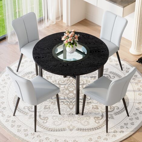 REDOM Set tavolo da pranzo 5 pezzi, tavolo rotondo 100x100x76 cm, con piano in vetro-MDF, 4 sedie imbottita in pelle PU, grigio chiaro