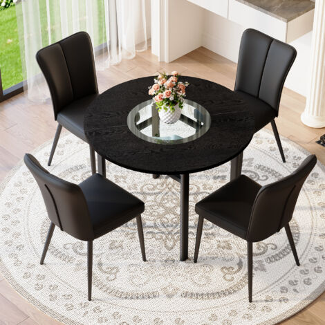 REDOM Set tavolo da pranzo 5 pezzi, tavolo rotondo 100x100x76 cm, con piano in vetro-MDF, 4 sedie imbottita in pelle PU, nero