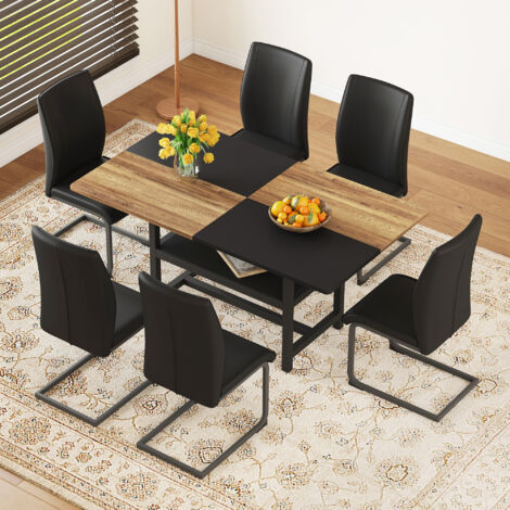 REDOM Set tavolo da pranzo 7 pezzi, tavolo 160x90x76 cm, con ripiano e piano in MDF, 6 sedie imbottita in pelle PU, nero, per casa