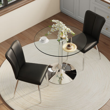 REDOM Set tavolo da pranzo in vetro, tavolo rotondo 85x85x76 cm, con 2 sedie da pranzo in pelle PU, nero, per casa