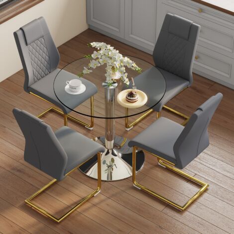 REDOM Set tavolo da pranzo in vetro, tavolo rotondo 85x85x76 cm, con 4 sedie da pranzo in pelle PU, Grigio scuro e oro