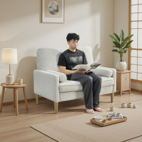 REDOM Sofá de 2 plazas de tela acanalada, asiento acolchado, estilo escandinavo, estructura de madera, beige