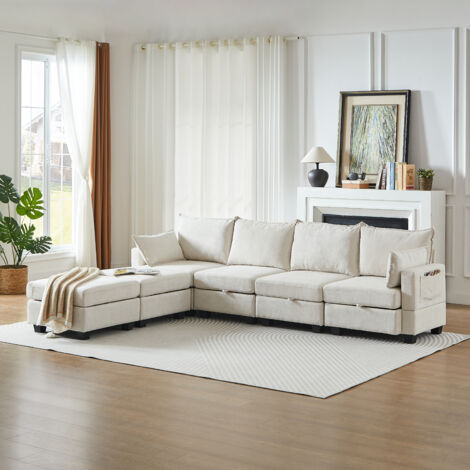 REDOM Sofá esquinero modular convertible en cama con almacenaje, 6 módulos, chenilla beige