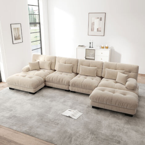 REDOM Sofá modular, con otomanas móviles, configuración en U, asiento profundo, tejido chenilla vintage café claro