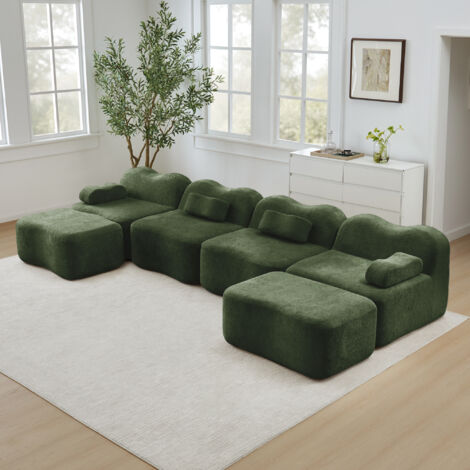 REDOM Sofá rinconero modular de 4 plazas, forma ondulada, asiento profundo, reposabrazos ergonómicos, terciopelo verde
