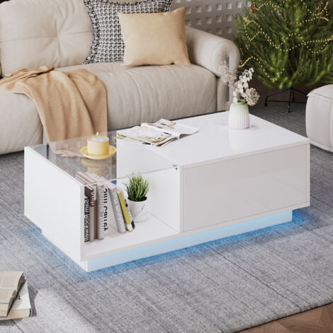 REDOM Table basse 100x50x33cm Éclairage LED pilotable Panneau de particules Mécanisme à vérin gaz blanc