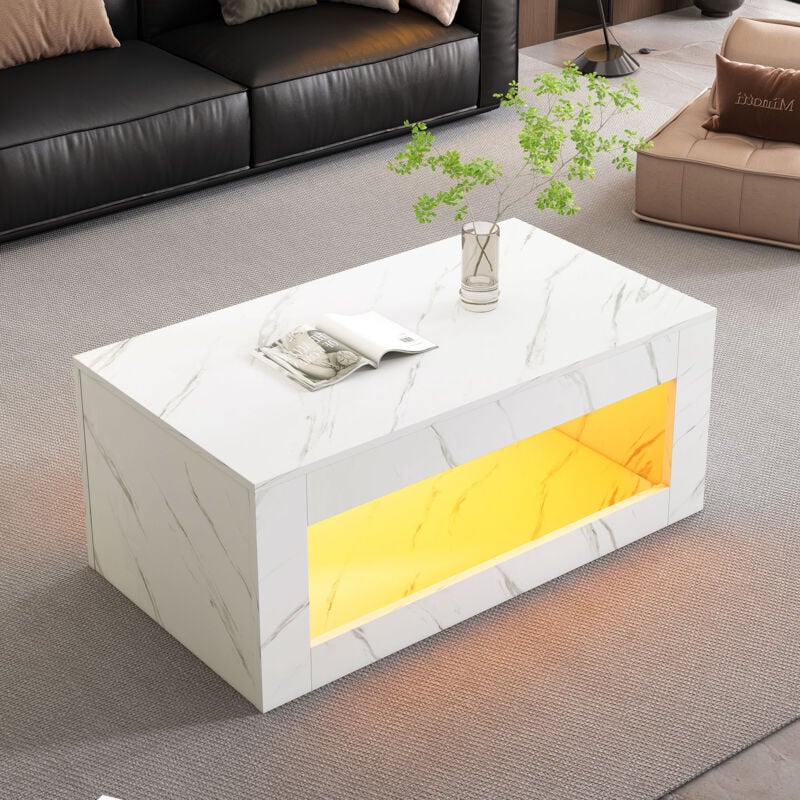 Redom - Table basse led moderne, table de salon haute brillance, finition marbre, Panneau de particules, blanc 100,5x50,5x50 cm