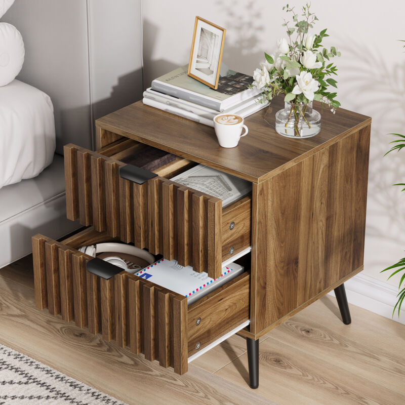 REDOM Table de chevet 45x40x53 cm design intégré avec deux tiroirs, couleur noyer