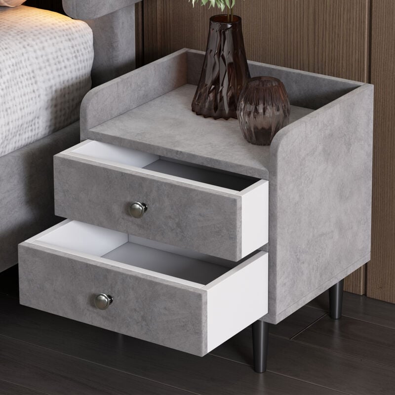 Table de chevet avec 2 tiroirs, poignées en métal, mdf, velours, gris, 43.5x35.5x49cm - Redom
