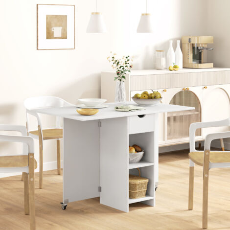 REDOM Table pliante 70x114.5x75cm gain de place avec tiroir et étagères panneau de particules blanc pour cuisine