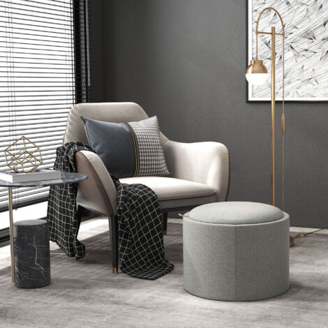REDOM Tabouret rond rembourré 56x56x42 cm avec espace de rangement et couvercle à charnières, texture lin gris