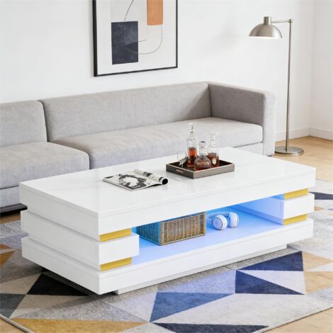 REDOM Tavolini da salotto 100x50x35 cm, vano centrale aperto, striscia LED integrata, pannello truciolare, bianco
