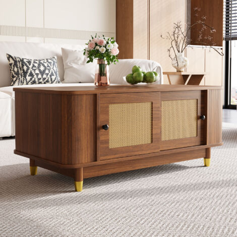 REDOM Tavolino da caffè 100x50x42 cm, ante scorrevoli in rattan, ampio vano contenitore, angoli arrotondati, MDF, noce
