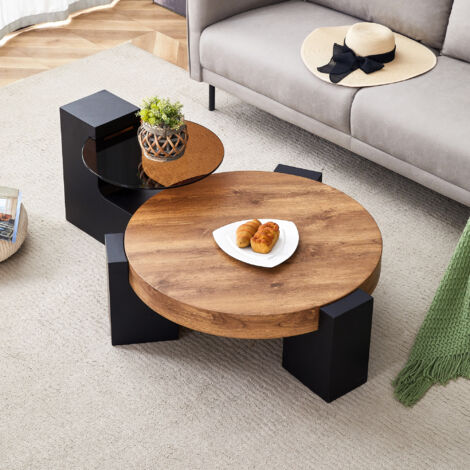 REDOM Tavolino da caffè 61x61x44 cm, 2 livelli, tavolino da salotto in vetro, tavolo rotondo, in MDF, nero, per soggiorno, casa