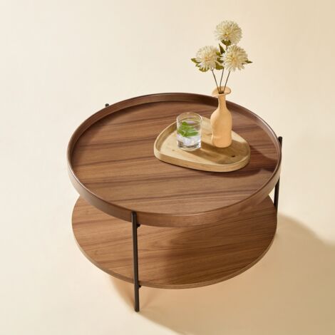 REDOM Tavolino da caffè 69x69x38 cm, con 2 ripiani in legno, tavolino da salotto, tavolo rotondo, in ferro, noce, per casa