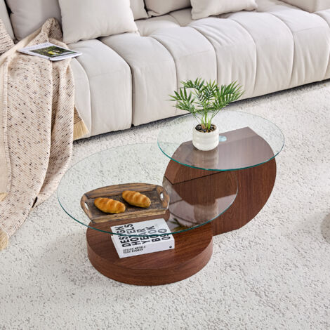 REDOM Tavolino da caffè 90x90x44 cm, con 2 ripiani in vetro, tavolino da salotto, tavolo rotondo, in MDF, noce, per soggiorno