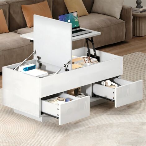 REDOM Tavolino da caffè alzabile 100x45x43 cm, 2 cassetti, vano nascosto, LED, piano regolabile, pannello truciolare bianco