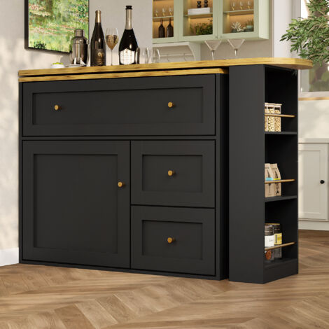 REDOM Tavolo bar allungabile con contenitore 138-204x39x105 cm, multifunzionale con ripiano snack, nero, per casa o locale