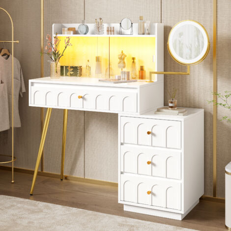REDOM Tocador 112x34.5x116 cm, espejo LED giratorio 360°, 4 cajones, puertas correderas de vidrio, MDF blanco