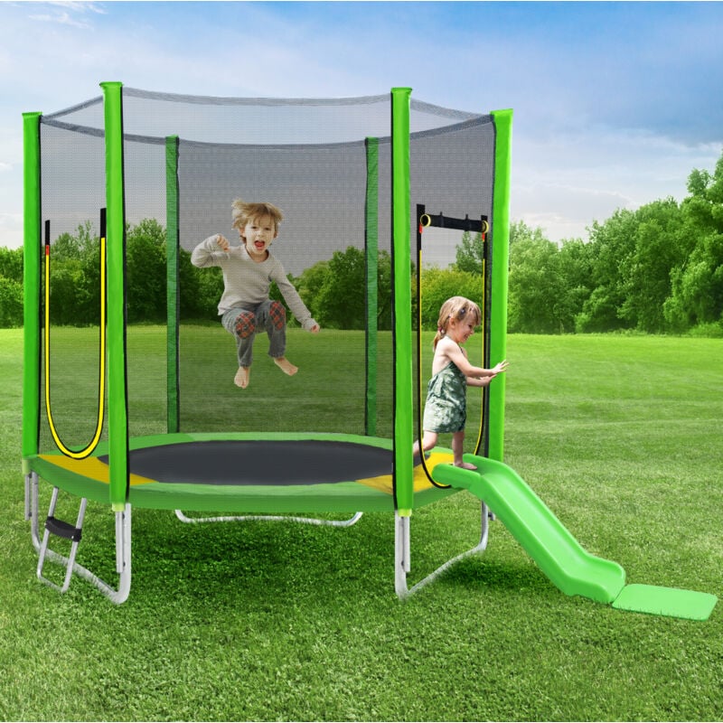 Trampoline de jardin extérieur certifié tüv Rheinland - comprenant toboggan, filet de sécurité et accessoires - adapté aux enfants de plus de 3 ans
