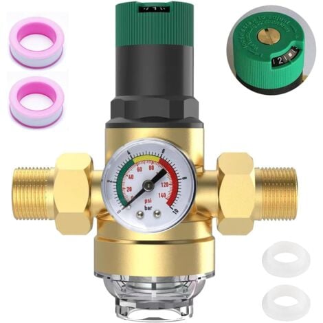 PARYOU Reducteur de Pression Eau avec Manometre, Filtre à Eau Raccord Domestique 3/4 Réducteur de Pression Réutilisable Pré-filtre Filtre à Sédiments Réducteur de Pression D'eau Laiton