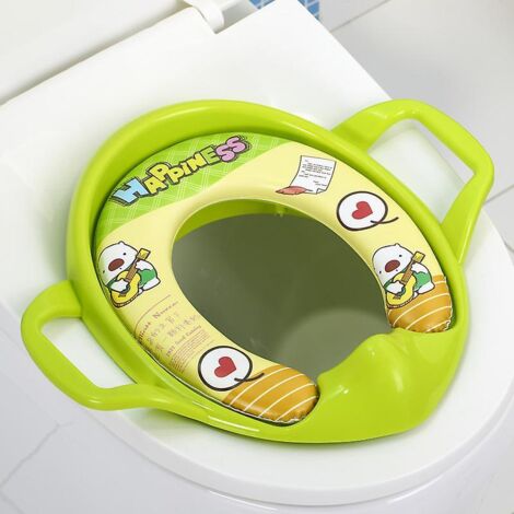 Réducteur de siège de toilette rembourré vert avec 2 poignées, pour les enfants de 18 mois et plus, antidérapant et universel.