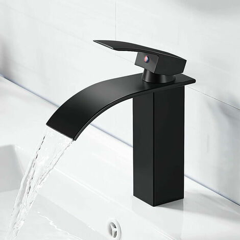 Réduction  Mitigeur de lavabo--Robinet de Salle de Bain Robinet Cascade Mono-trou Mitigeur sur Lavabo Robinetterie Lave-mains avec Levier Unique -noir