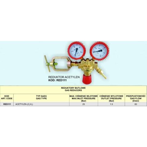 Reductor de acetileno Red111, ideal para aplicaciones industriales, control preciso de flujo de acetileno, diseño robusto, fácil ajuste, alta calidad y durabilidad.