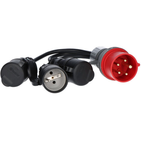 Reductor de corriente para camping, enchufe 16A/5P + 3xOW 3x1,5mm2, cable de 0,25 metros + 3x casquillos de goma, OPAL KAMPER