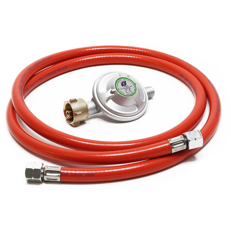 Reductor de presión de gas a 50mbar con manguera de propano 150cm, para bombonas con Ø 1/14" / 21,8 mm LH
