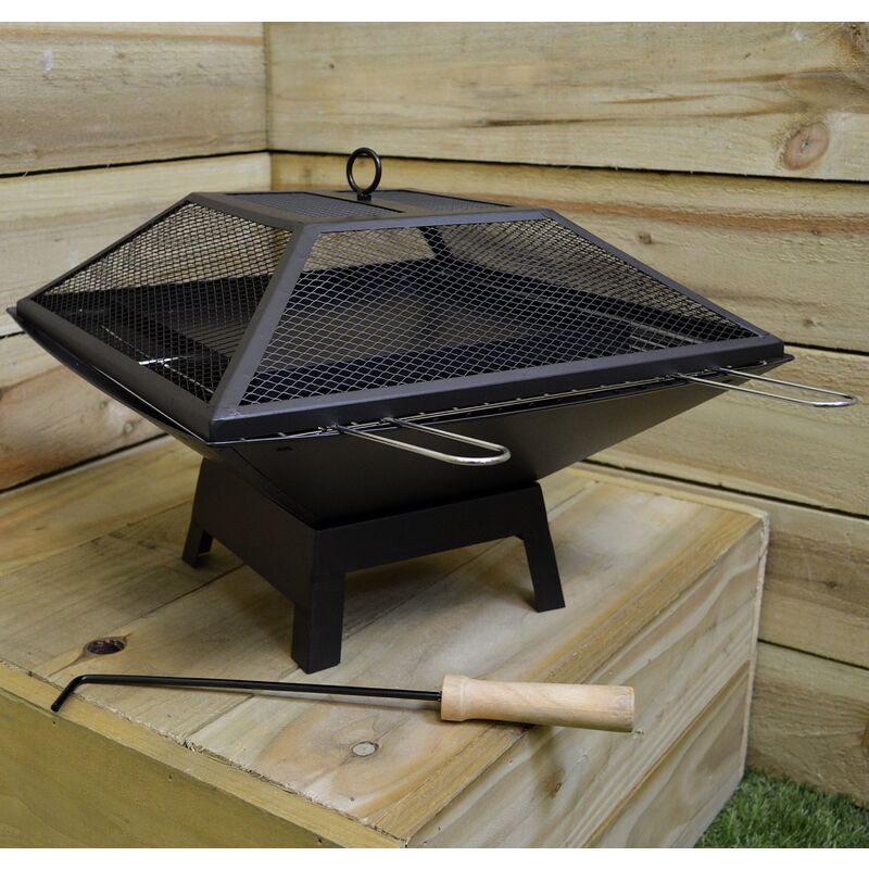 Redwood Outdoor Garden Square Fire Pit / Heater with BBQ Grill