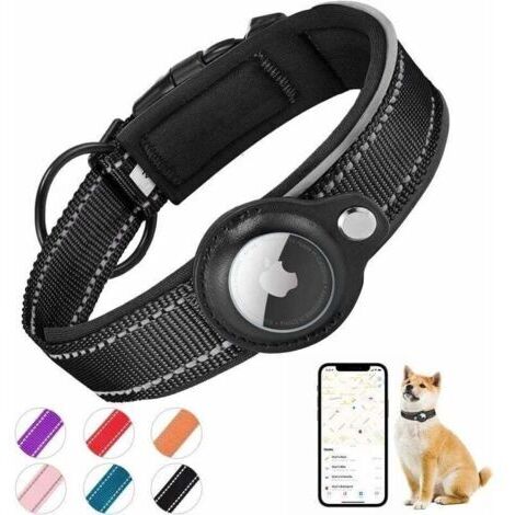 Reflektierendes Hundehalsband mit integriertem AirTag-Fach – Größe L, schwarz, Ortviai